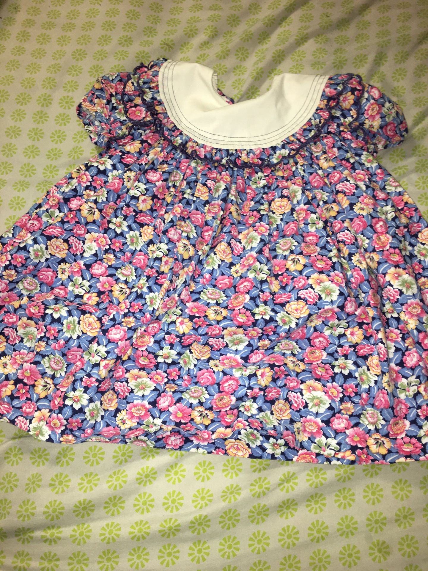 Vintage Polly Flinders Girls Dress Size 4 Blue with Pink, White, and Orange Flowers