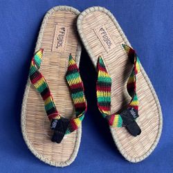 Flojos Rasta Colors Woven Straw Flip Flops Women's Size 6 EUC