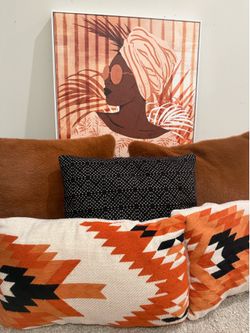 Modern Boho Designer Decor Bundle – Framed Art, 6 Pillows & Throw Blanket
