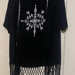 Love Tree Happens Womens Sz S Open Cardigan Black w/White Western Print Fringe