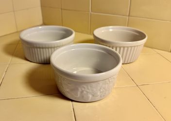 3 Vtg Porcelain White Ramekin Custard Baking Souffles Cups All $6