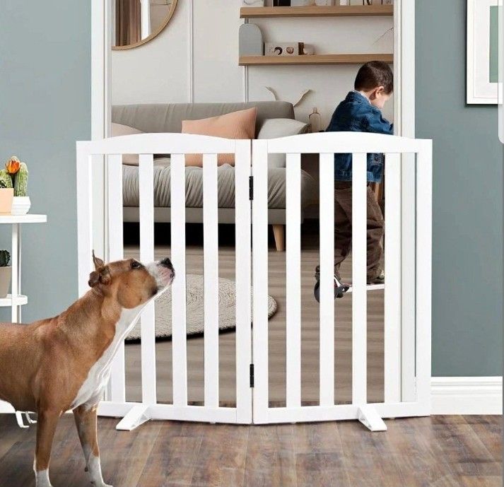 Foldable Freestanding Indoor Dog Gate for House - Wood White Long Pet Gates, 32" tall