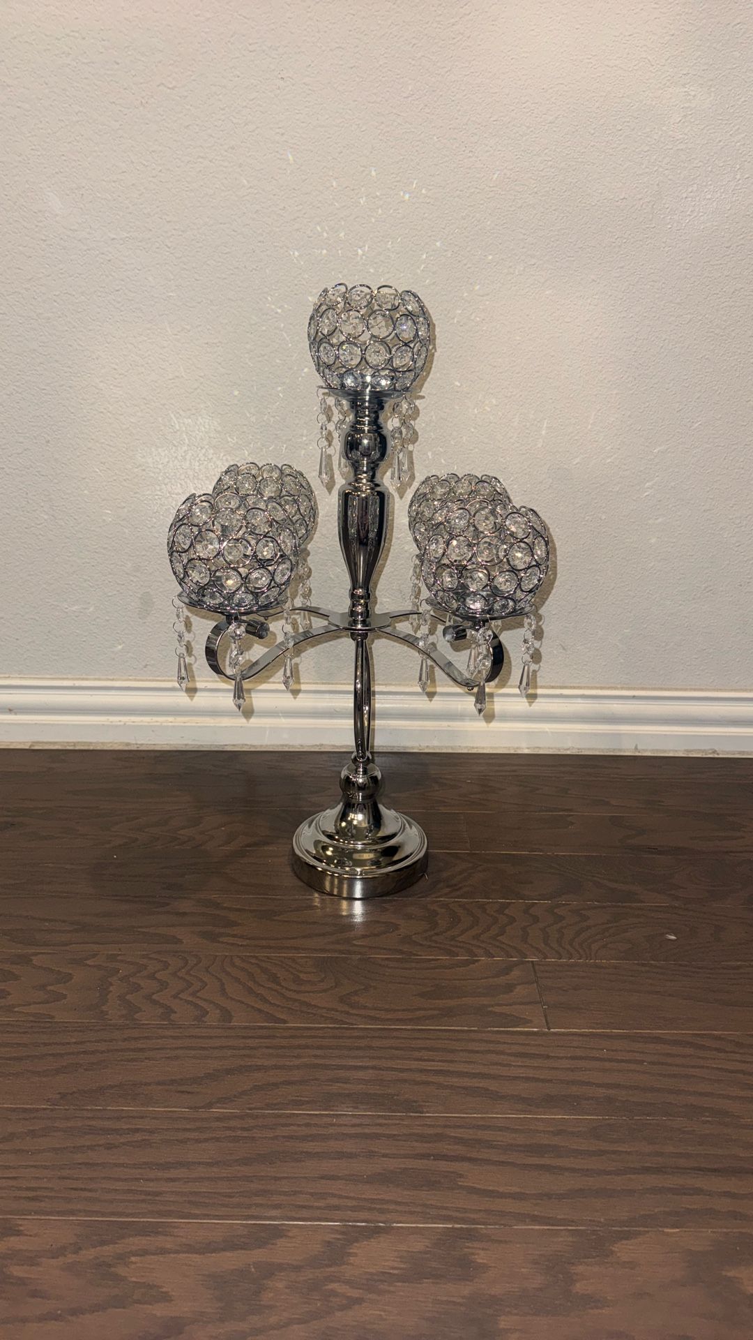 5 Arm Silver Crystal Beaded Globe Candelabra Candle Holder