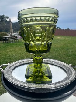 Vintage Set of 6 Green Pressed Glass Goblets Decorative Drinkware