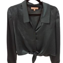 Gianni Bini Satin Tie Front Button Down Blouse Dark Teal Green Crop Hem Size S