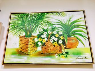 three potted plants painting with gold-colored frame