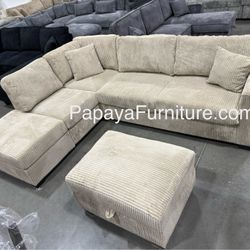 Sand Beige Plush Sectional And Storage Ottoman, Sectional Couch, Sofa, Reversible Sectional, Couch, Brown Sectional, Reversible Chaise Sectional Couch