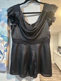 Black Bebe Satin Ruffle Shoulder Blouse Top