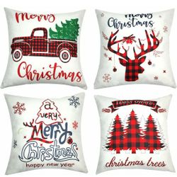 Christmas Pillow Cover 18x18 Set of 4, Decorative Buffalo Check Plaid Plad Xmas Merry Christmas Pillow Shams Cases Slipcovers for Outdoor Farmhouse So