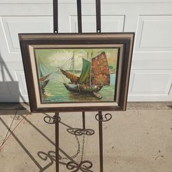 Small vintage framed asian sail fishing boats oil on canvas painting signed Franks