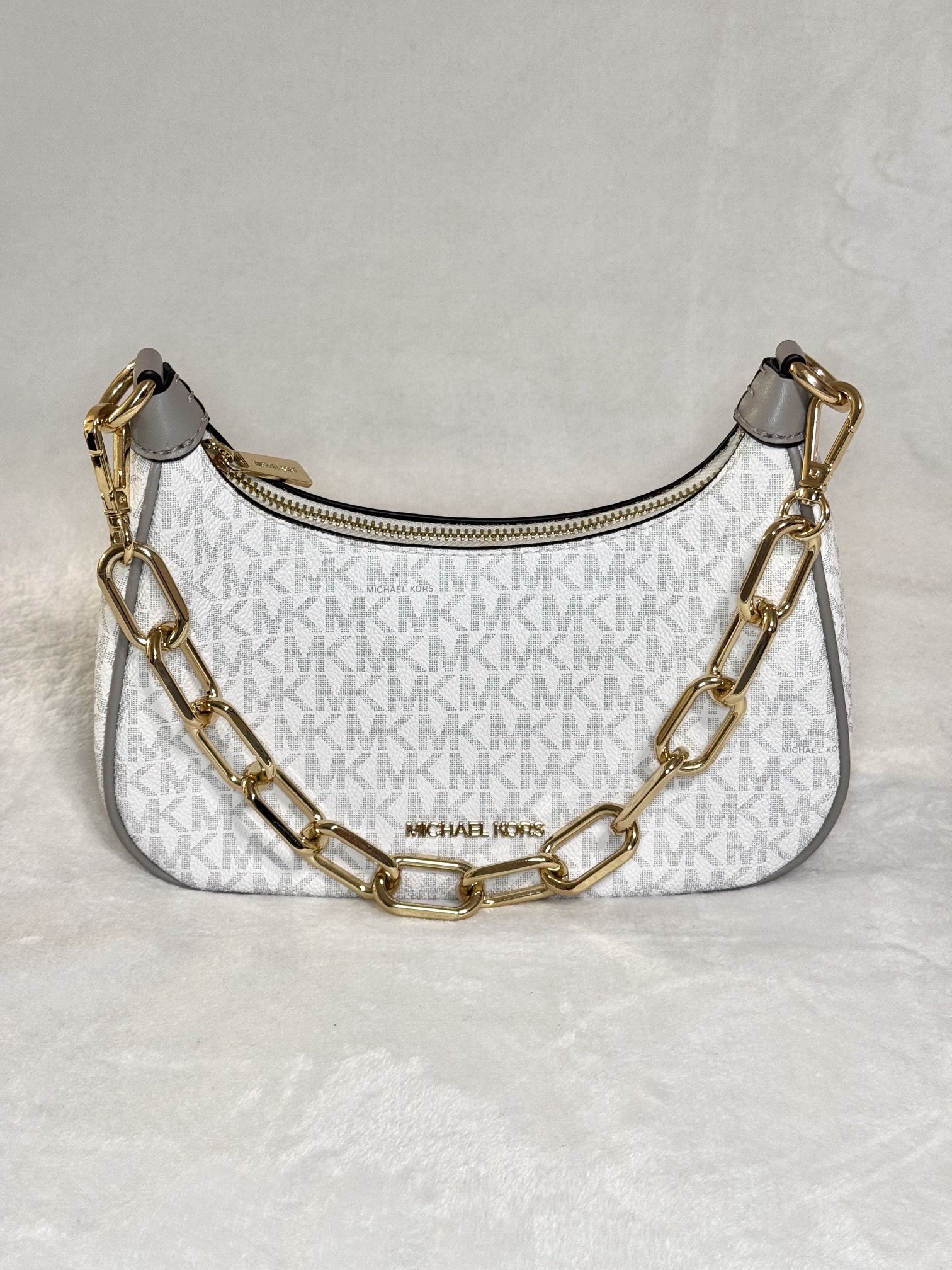 Michael Kors Leather Cora Medium Zip Pouchette Shoulder Bag Bright White