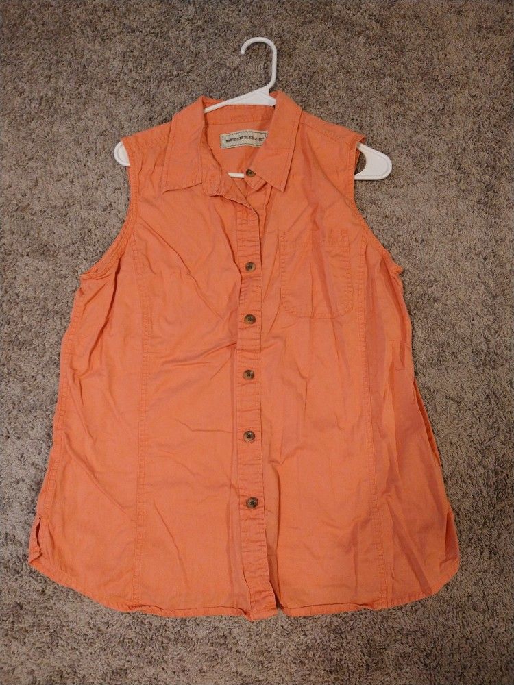 Orange Denim Sleeveless Button Up Shirt