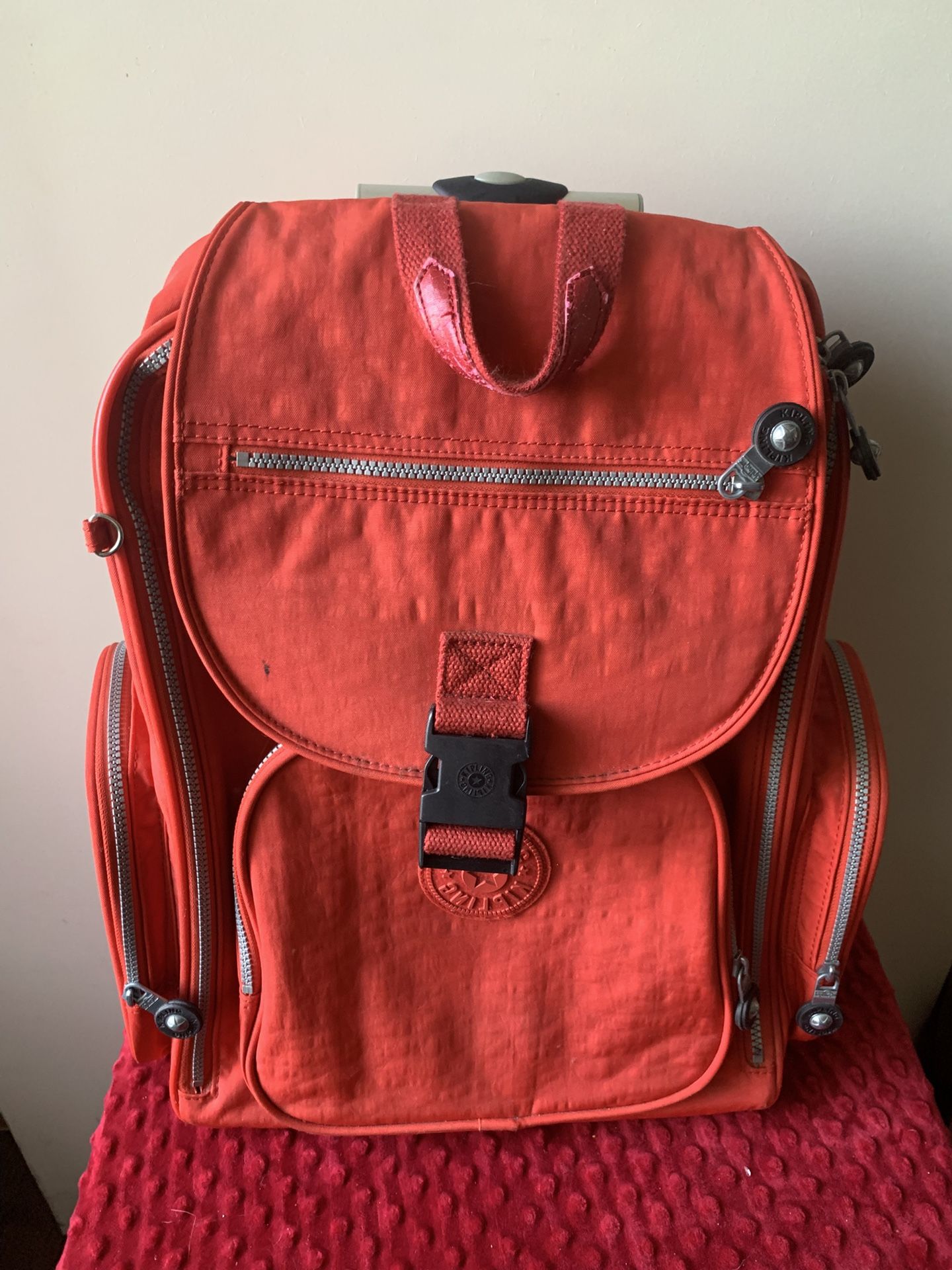 Kipling Alcatraz II red orange Nylon Large Rolling Carry On Wheeled Laptop Backpack