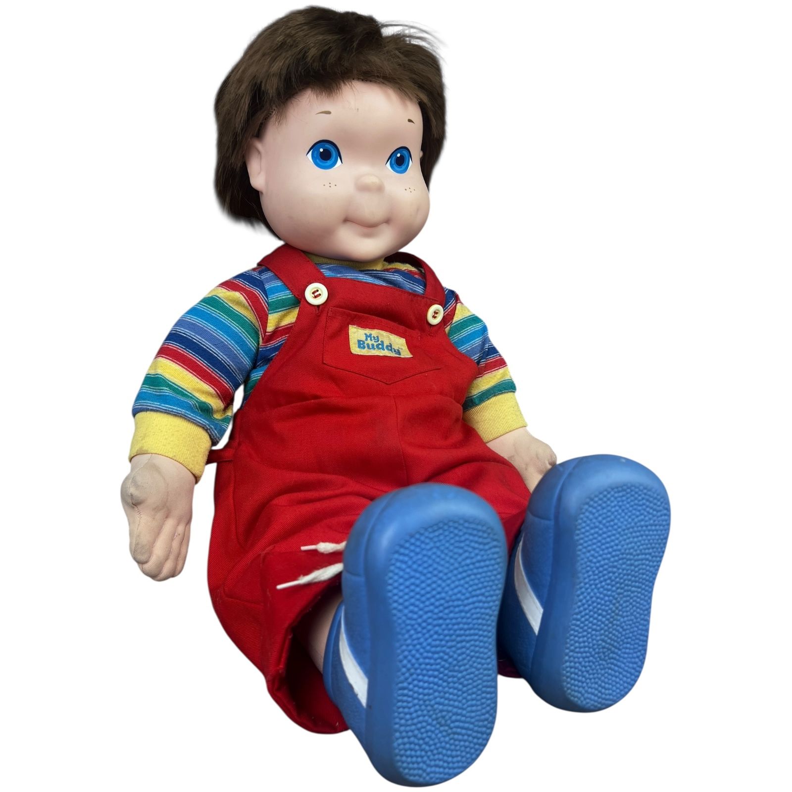 1985 Hasbro MY BUDDY Doll Brown Hair Blue Eyes Red Overalls, Shirt & Blue Shoes