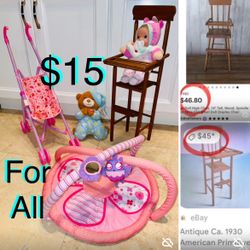 $15 For All Baby Doll Wooden High Chair,Doll play set and Doll all included