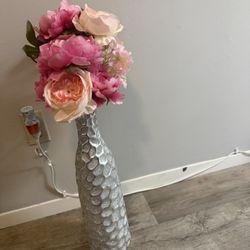 Silver Glitter Vase with Pink Peach Artificial Flowers