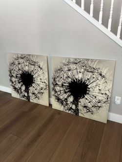 TWO 40x40 (80x40) Large Beige & Black Dandelion Textured Canvas Wall Artwork