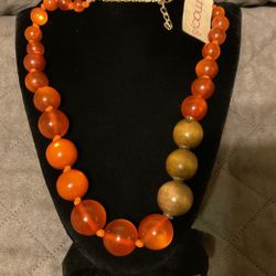18” Large Orange And Wood Beaded Necklace 