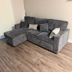 Grey, L-Shaped corduroy couch/sleeper