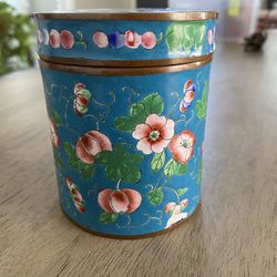 VINTAGE Hand Painted Copper Enamel Round Trinket Box Canister Flowers 4” T 3” D