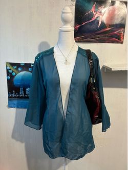 Fairycore Teal Sheer Cardigan Kimono with Floral Sequin XL
