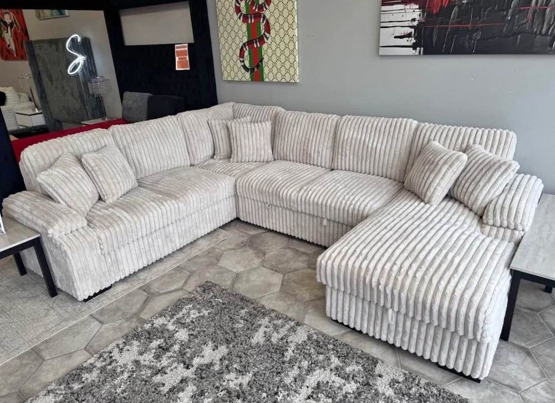 POP-UP SLEEPER BRAND NEW BEIGE CORDUROY SECTIONAL WITH STORAGE SAME DAY DELIVERY 