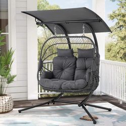 EROMMY Double Hanging Egg Chair With Stand, Wicker Loveseat Swing With Extra Cushion, Gray Sturdy & Durable】 Crafted from a sturdy steel frame, this