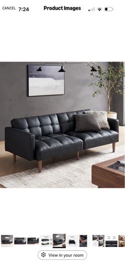 Black Leather Futon Sofa — Converts to Bed, Mid-Century Wood Legs