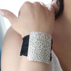 New Black Leather & Silvertone Embossed Rectangle Adjustable