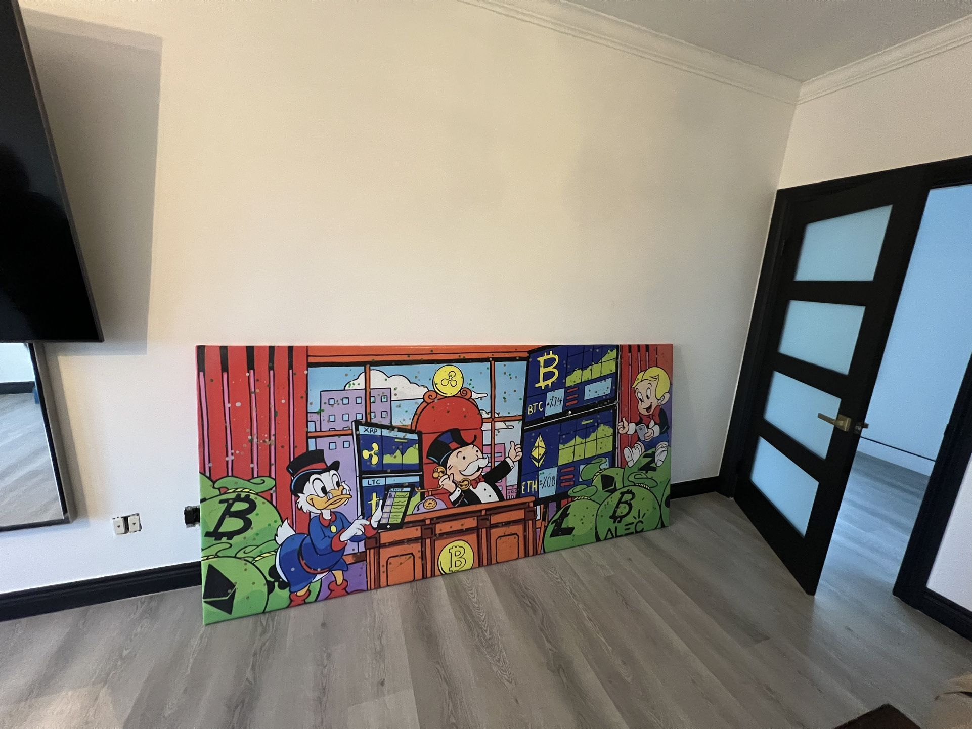 Alec monopoly canvas framed glow in the dark crypto market 45”x100” 2”  thick frame