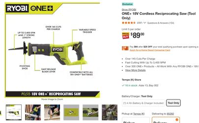 Brand New Ryobi ONE+ 18V Cordless Reciprocating Saw (Tool Only)
