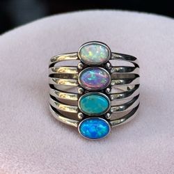 925 Sterling Silver multicolor lab Opal ring size 7 3/4-8