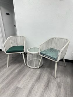 3pc White Rope Woven Patio Chair with Green Cushion