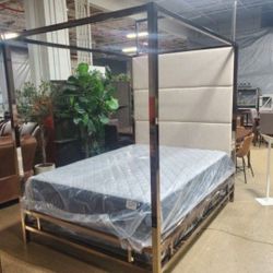  Gold  And Beige l Canopy Bed with Horizontal Panel Headboard(NEW)