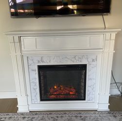 SEI Furniture Highgate Electric Fireplace with Hidden TV Media Shelf, White with Faux Marble