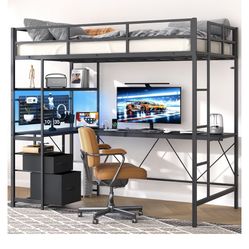 Metal Twin Loft Bed with L-Shaped Desk
