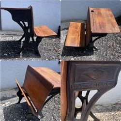 Vintage Silent Giant School Desk Cast Iron Wood Antique School Desk Folding Bench Seat Primitive 