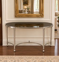 Demi-Lune Silver Metal Console Table with Black Glass Top🌷