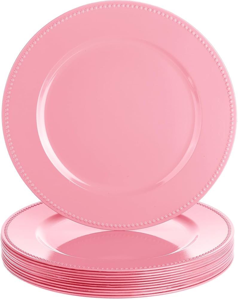 Gerrii 12 Pcs Metallic Bead Charger Plates 13 Inch Plastic Round Plates Bulk Wedding Beaded Chargers for Table Party Event Decoration(Pink)