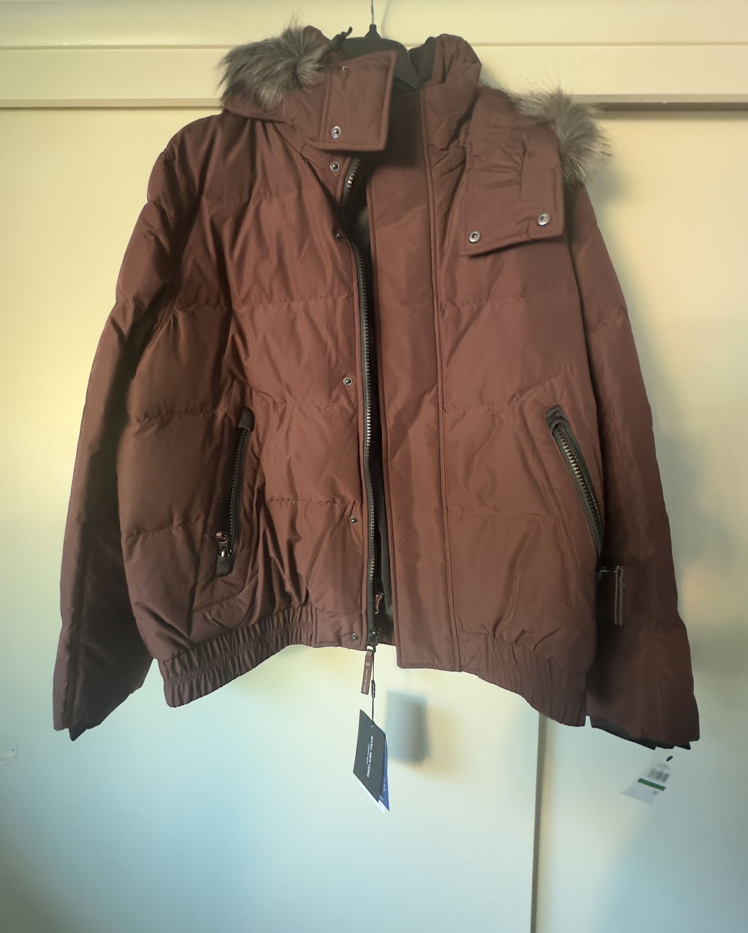 NEW Marc New York Men's Brown Faux Fur Trim Quilted Parka Jacket Coat Size L