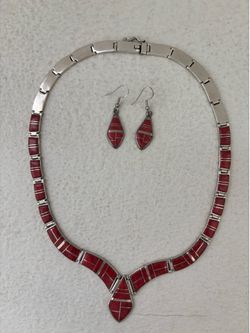 Sterling silver and coral inlay necklace and earrings