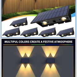 Solar Fence Lights,6Pack Solar Lights Outdoor Warm White + RGB Up & Down Waterproof 100 Lumens Dusk to Dawn Large Solar Wall Lights for Backyard/Pool/