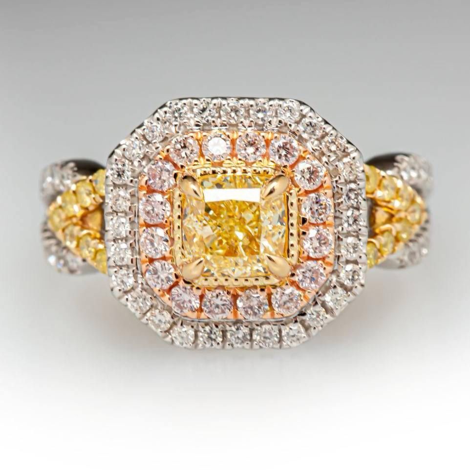 14k three tone gold Yellow White & Pink 1.65CTW Natural Cushion/Round cut Diamond Engagement Ring sz7