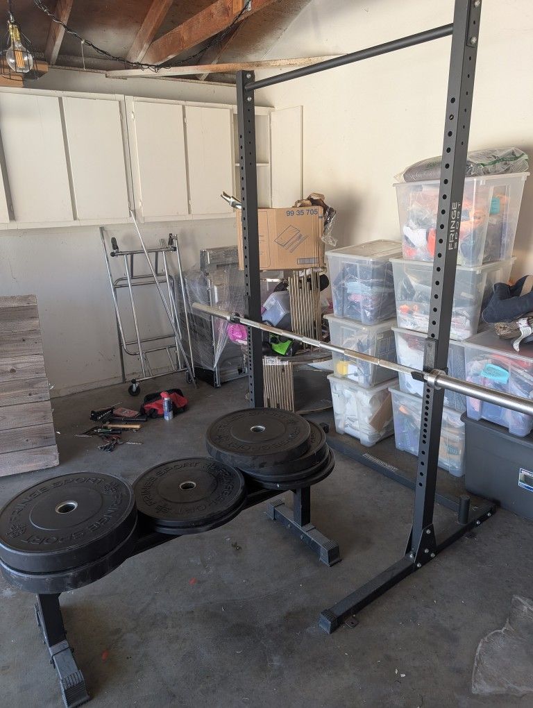 Fringe Sport Weight Set, Padded Bench, Squat Rack, And Olympic Barbell