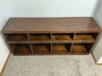 pottery barn wooden shelf bench for toys or entryway