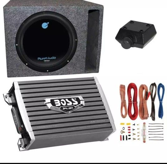 Planet Audio 1800-watt subwoofer, Boss 1500-watt amplifier with a remote and wiring kit, and a Q-Power enclosure.
