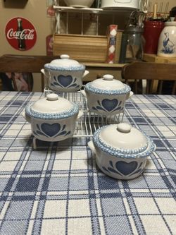 Set Of Blue Heart Grannycore Stoneware Crocks