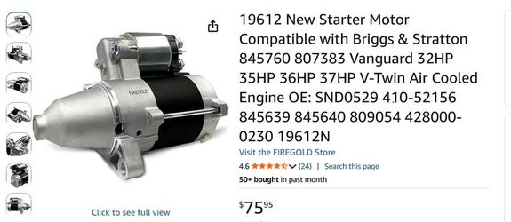 9612 New Starter Motor Compatible with Briggs & Stratton 845760