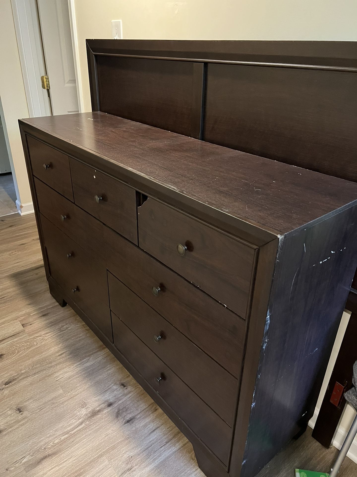 Large dark brown dresser, headboard, and side table - $20 (Bluemont)