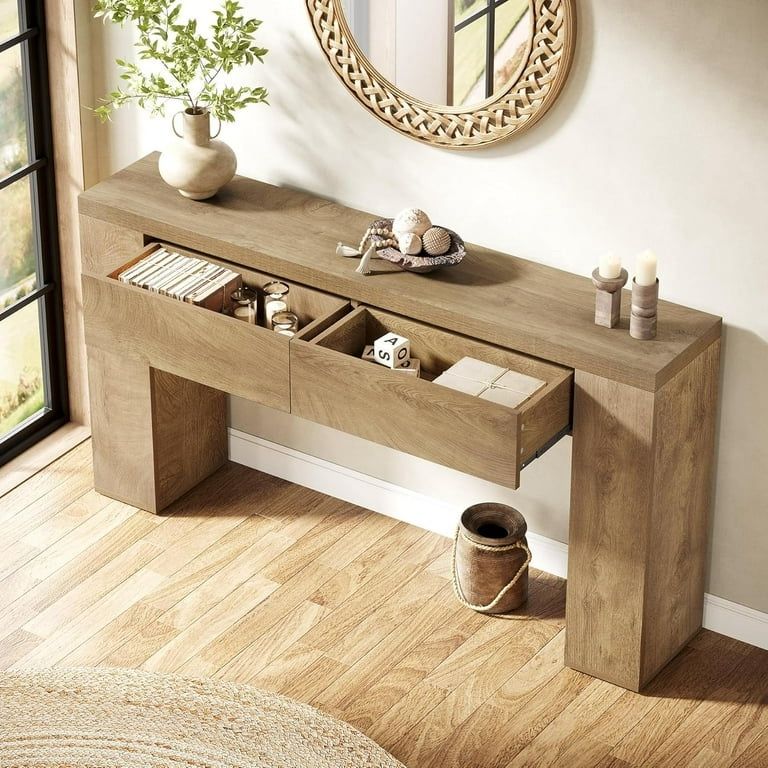 63-Inch Wooden Console Table with 2 Hidden Drawers, Rustic Sofa Table, Easy Assembly